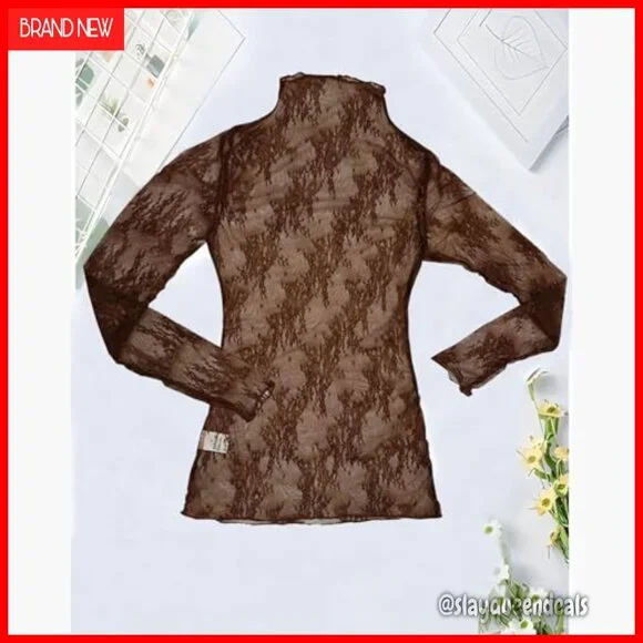 Long Sleeve Mesh Top Sheer Floral Embroidery Mock Neck Layering Tee - Picture 3 of 7